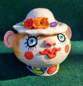 VTG Clown Cookie Jar Handmade Handpainted Very Colorful Artist Signed "Roni" EUC