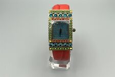Heidi Daus Watch Art Deco Aqua Green Red Crystals Coral Leather Embossed Band