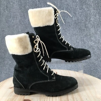 Cole Haan Boots Womens 10 B Faux Fur Trim Combat Mid Calf Lace Up Black Suede - Image 1 of 4