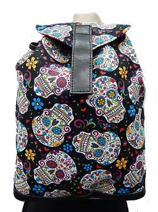 US HANDMADE RUCKSACK "FOLKLORIC SUGAR SKULLS" MUSTER & VERSTELLBARE GRIFFE, NEU - Bild 1 von 3