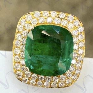 6.12ct Cushion Shape Natural Emerald Gemstones Diamond Ring Real 14K Yellow Gold - Picture 1 of 13