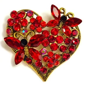 36mm Red Rhinestones Heart w/ Butterflies Pair Brooch Lapel Pin Badge + Gift Box - Picture 1 of 8