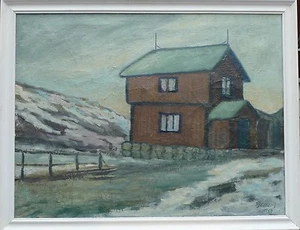 EXPRESSIONIST -WINTERLANDSCHAFT MIT HÄUSCHEN- NORWEGEN -OSLO -ÖLGEMÄLDE VON 1957 - Picture 1 of 11