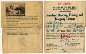 US Sc RW9 Vio Brn $1.00 1942 Unsigned on 1942 Indiana Hunting Fishing License - Picture 1 of 1