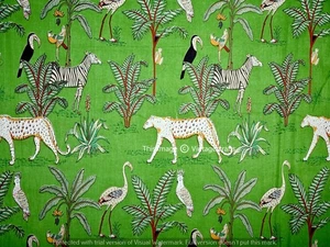 Indian 5 Yard Cotton Fabric Running Loose Sewing Animal Tiger Print Craft Green - Picture 1 of 4