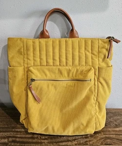 Mustard Yellow Corduroy Backpack Brown Faux Leather Multiple Pockets Spacious - Picture 1 of 13