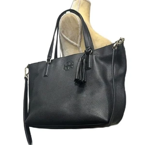 Excellent Tory Burch Mcgraw Black Pebble Leather Tote Bag Including Long Strap - Picture 1 of 16