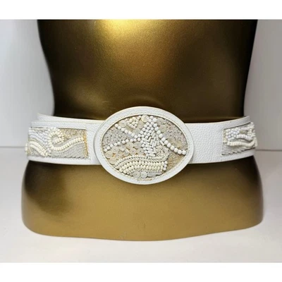 Chico’s Mother Of Pearl Beaded Designer White Leather Belt New - Image 1 of 4