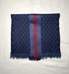 Gucci Monogram Logo Striped Blue Wool Shawl Scarf - Picture 1 of 9