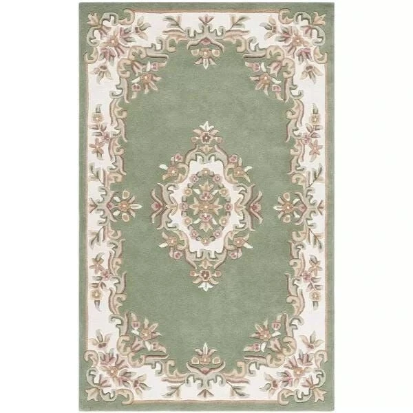 Green & White Aubusson Design Rug Banded Wool Carpet Area Rug 8X10 9X12 6X9 5X8 - Image 1 of 4