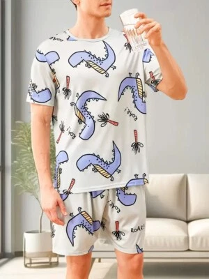 New Men's Dinosaur Pajama Set Short Sleeve & Shorts Comfy Soft- Size M to XXL - - Image 1 of 4