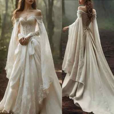 Vintage Off the Shoulder Wedding Dresses with Cape Lace Up Lace Appliques Bridal - Image 1 of 4