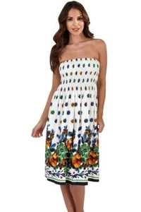Damen 100 % Baumwolle Sommer/Strand 3 in1 trägerlos blau/grün Blumen Sommerkleid Rock - Bild 1 von 4