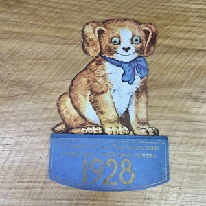 Vtg 1928 Unused Tear Away Calendar Dog w/ Googly Eyes Good Wishes 9”x5.75” - Picture 1 of 3