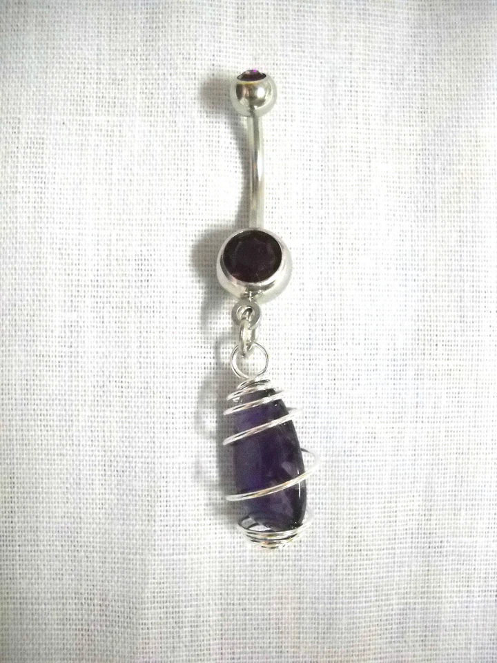 PURPLE AMETHYST GEMSTONE CRYSTAL WIRE WRAP CAGE ON 14g DARK PURPLE CZ BELLY RING - Image 1 of 1