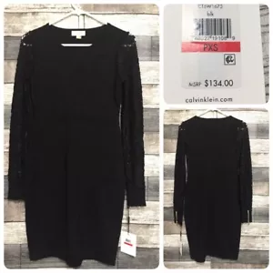 Calvin Klein Sweater Dress Women’s Petite XS Black Lace Sleeves Knit (Read) - Picture 1 of 12