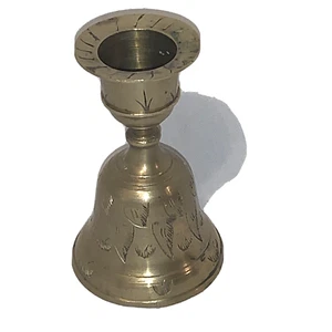 Etched Brass Bell And Candle Holder Combo 4” Made In India Decorative Vintage - Picture 1 of 8