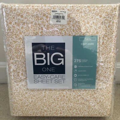 Big One TWIN Sheet 3pc Set Cotton Blend Wrinkle Resist Yellow Gold Floral 275Tc - Image 1 of 4