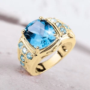4.5 Carat Natural Blue Topaz With 18k Yellow Gold Men's Ring Valentine Gift #260 - Picture 1 of 2