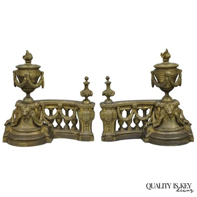 Antique French Empire Patinated Bronze Lion Flame Urn Chenet Andirons - a Pair - Image 1 of 4