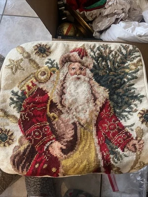 VTG Needlepoint Christmas Pillow Santa Christmas Tree Wool Yarn Christmas 13”Sq - Image 1 of 4