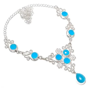 Blue Chalcedony Gemstone Handmade 925 Sterling Silver Jewelry Necklace Size 18" - Picture 1 of 1