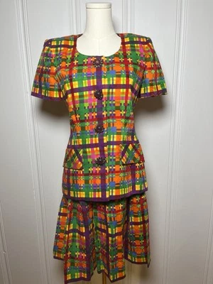 Traje Falda Vintage Talla 4 David Warren Nueva York Colorido Cuadros Años 60 70 ENVÍO RÁPIDO Foto 1 de 4