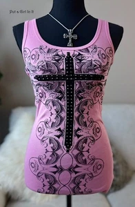 USA New VOCAL APPAREL Womens CRYSTAL PINK RHINESTONE CROSS TANK TOP S Small Y2K - Picture 1 of 4
