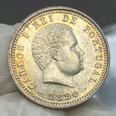 🇵🇹 Portugal Rey Carlos 100 Reis Plata 1890 GEMA SIN CIRCULAR Tonificación Dorada Foto 1 de 4