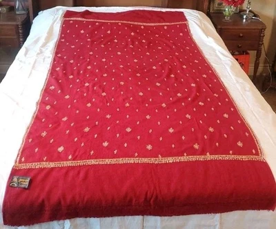 Vintage Gaurav Shawls Wool Hand Embroidered Long Fabric Red Abstract 36x75 - Image 1 of 4