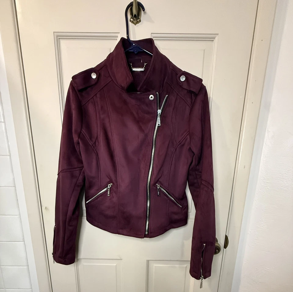 JOUJOU Medium Motorcycle Faux Suede Purple Leather Jacket Zippers Woman - Image 1 of 4