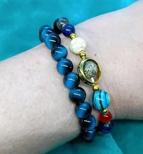 Boho Resin Faux Stone Blue Tiger Eye, Agate, Back Bead Bracelets Lot Of 2 - Picture 1 of 6