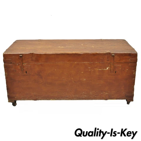 19th C Antique Brown Distress Painted Pine Wood Dovetailed Blanket Chest Trunk Cover