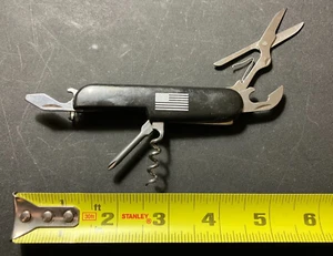 Vintage Folding Pocket Knife Multi-Tool - Black with American Flag - CLEAN - Picture 1 of 8