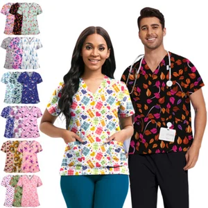 Women Men Printed Scrub Tops Medical Nursing V-Neck Short Sleeve Festival/Daily - Picture 1 of 72