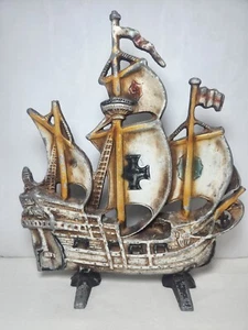 Vtg Clipper Ship Doorstop Painted Cast Metal Nautical Decor 13" H x 11" L - Picture 1 of 7