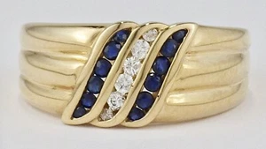Estate 14K Yellow Gold Slanted Rows Sapphire & Diamond Band Size 6 3/4 - Picture 1 of 7