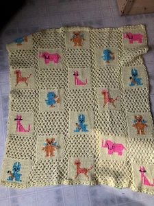 Vtg Granny Square Afghan Crochet Blanket 42 X 42 Handmade Embroidered Animals - Picture 1 of 6