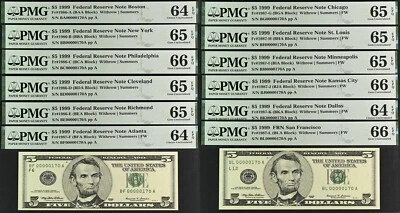 1999 $5 Federal Reserve Note PMG 66EPQ - 12 matching - Low Serial Number 0000170 - Image 1 of 4