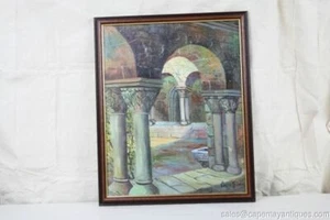 Oil Painting Framed Cathedral Interior Arches Spanish European Courtyard - Picture 1 of 12