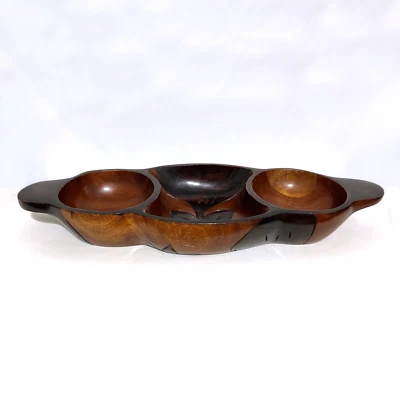Serving Tray Snack Bowl Wood Hand carved, 3 sections VTG Haiti BOHO Party - Image 1 of 4