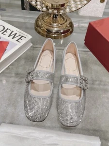Roger Vivier Women's Flat Bottom Water Diamond Button Mary Jane Shoes - Picture 1 of 17