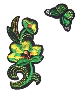 Green Flower and Butterfly Embroidery Sew, Iron On Patch for Clothes, Jeans, Bag - Picture 1 of 1