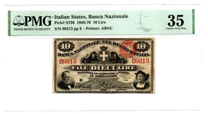 Italian States Banco di Napoli 10 liras 1866-70 Pick S736 PMG elección muy fina 35 - Imagen 1 de 2