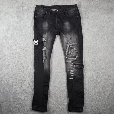 Jeans Gala para Hombres 36x34 Negro Envejecido Bordado Texto Hebilla Correa Denim Foto 1 de 4