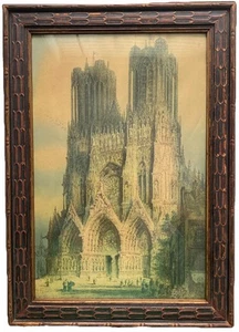 Vintage LAte 1800er Ära gerahmte Lithographie Westfront Reims Kathedrale Kirche ANSEHEN - Bild 1 von 12