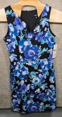 Vestido justo Chetta B feminino tamanho 10 azul preto floral sem mangas comprimento do joelho - Imagem 1 de 4