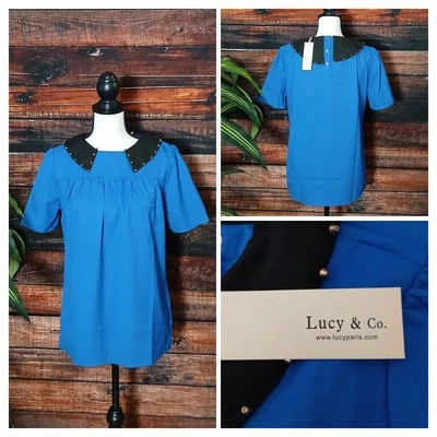 Lucy & CO Paris Top Blouse S/M Blue Studded Pan Collar Button Back Retro NWT - Image 1 of 4