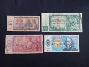 CZECHOSLOVAKIA 10 + 20 + 50 + 100 KORUN Banknotes - Circulated / Damaged - Picture 1 of 2