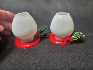 Set Of 2, Vintage, Christmas, Candles and Holly Leaf Holders, w/ Glass Chimneys - Picture 1 of 12